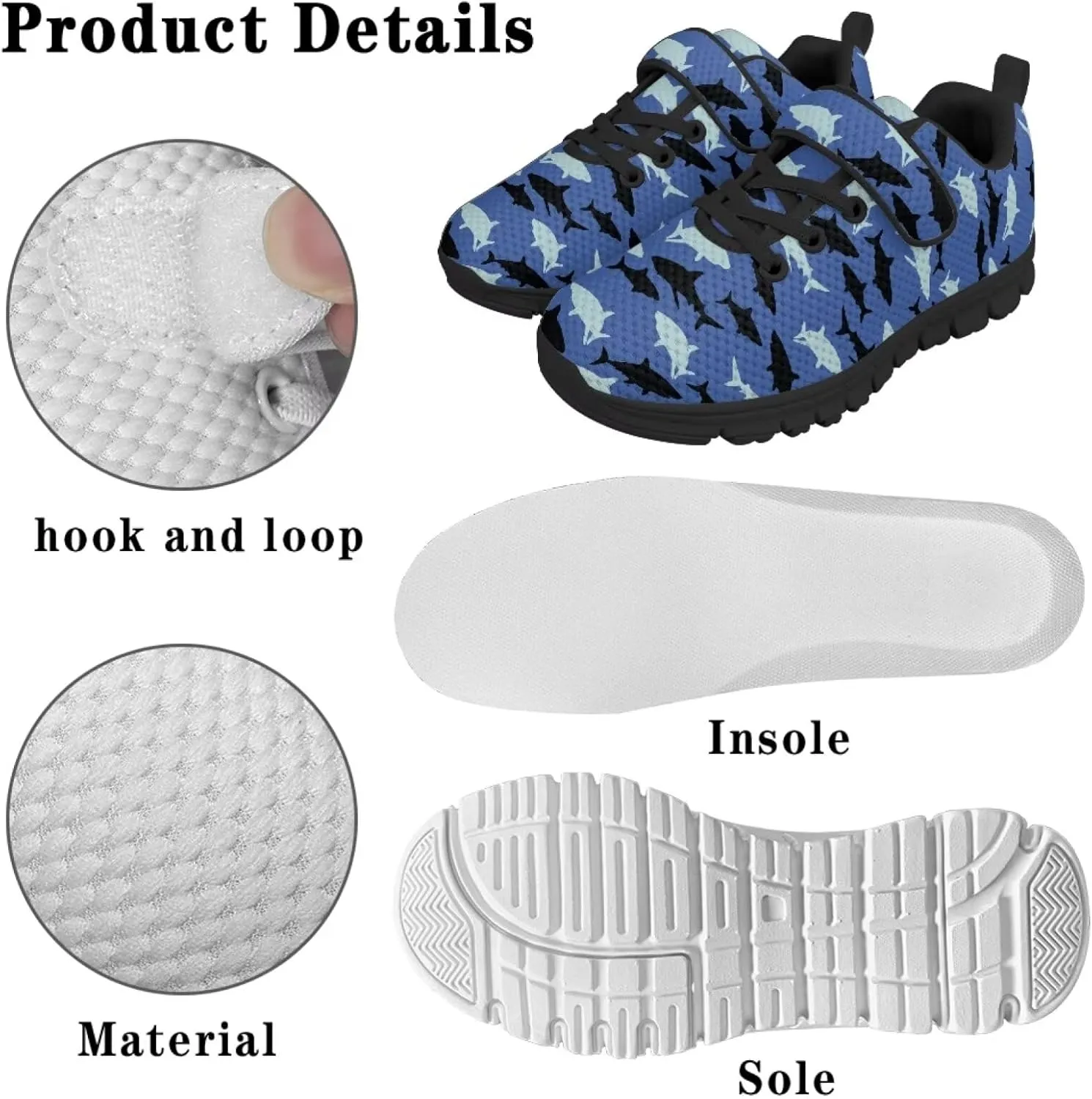 Boy Girl Shark Running Sneakers Adjustable Hook and Loop Walking Shoes Sports Tennis Sneaker