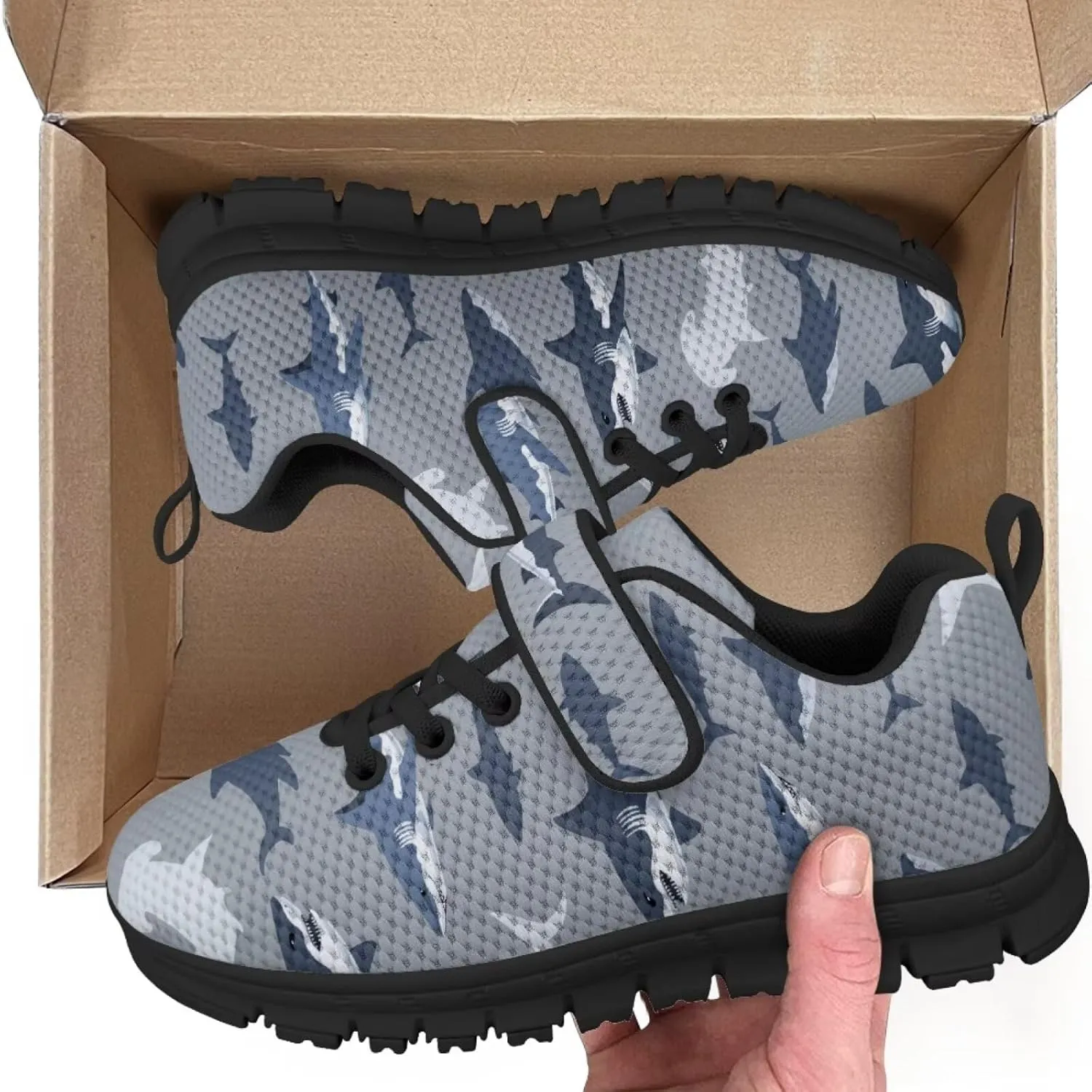 Boy Girl Shark Running Sneakers Adjustable Hook and Loop Walking Shoes Sports Tennis Sneaker