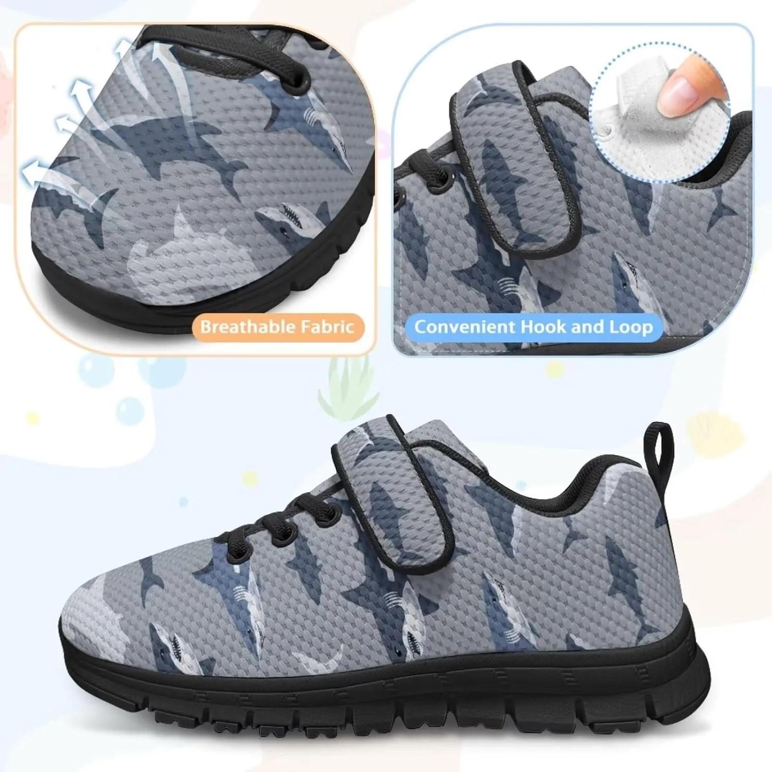 Boy Girl Shark Running Sneakers Adjustable Hook and Loop Walking Shoes Sports Tennis Sneaker