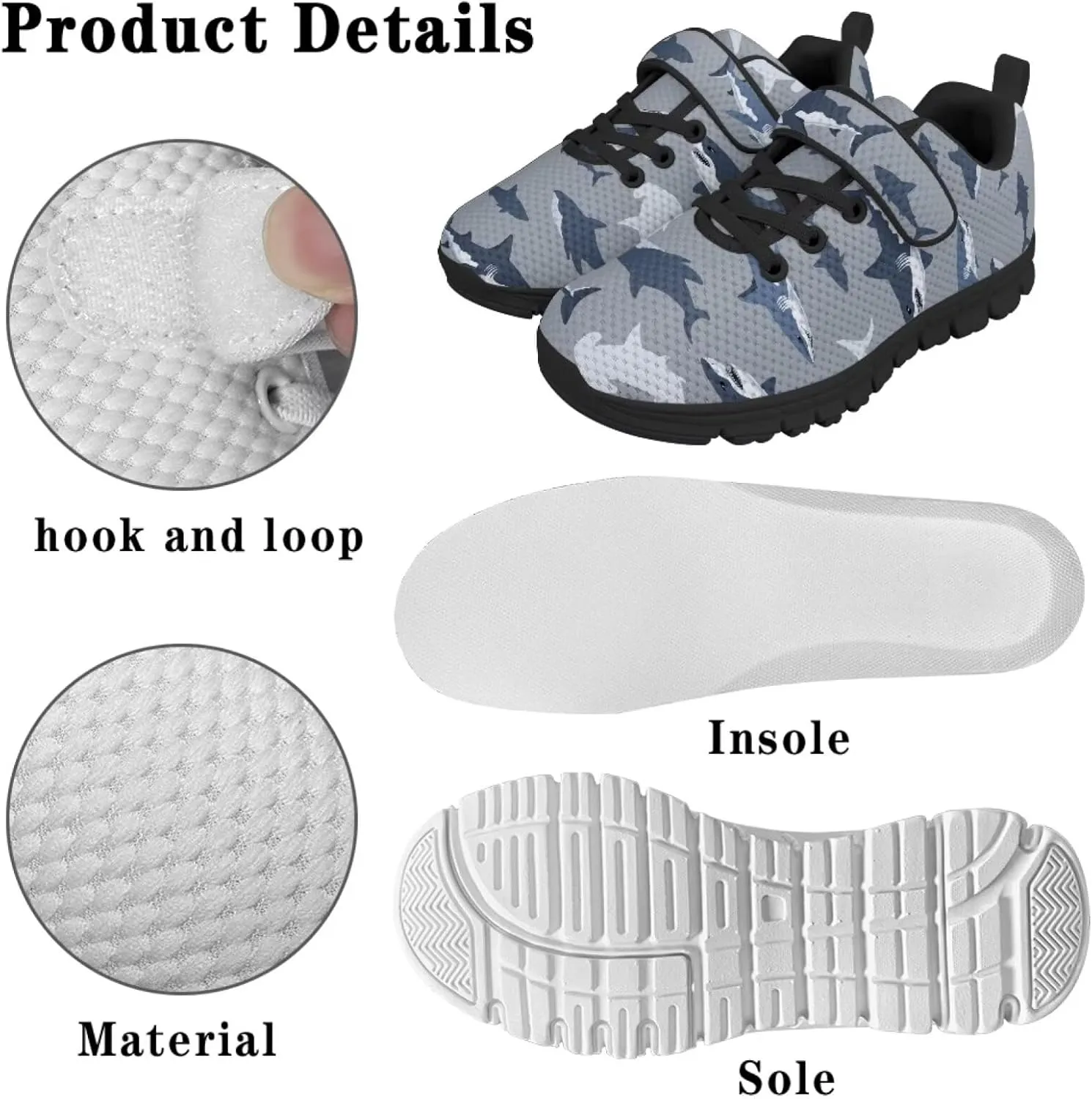 Boy Girl Shark Running Sneakers Adjustable Hook and Loop Walking Shoes Sports Tennis Sneaker