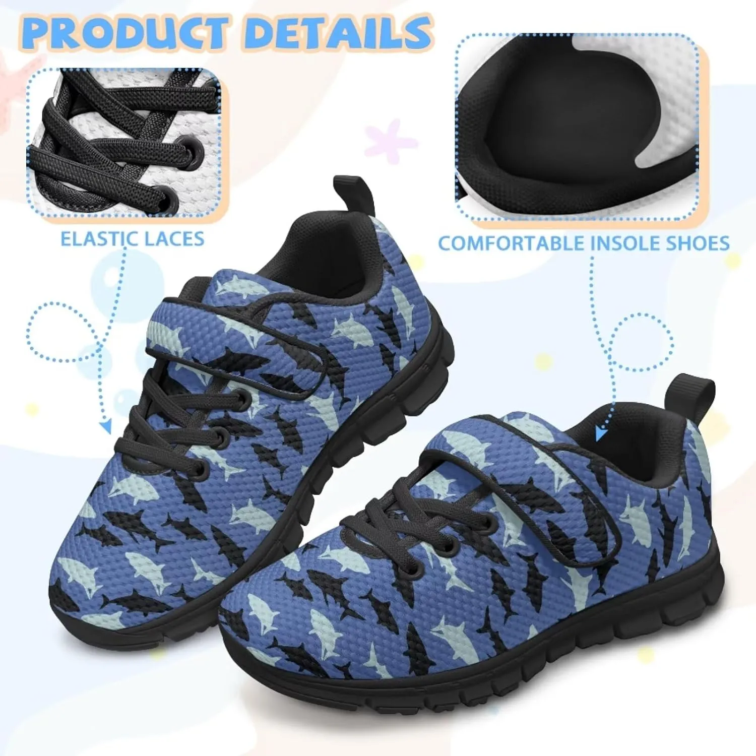 Boy Girl Shark Running Sneakers Adjustable Hook and Loop Walking Shoes Sports Tennis Sneaker