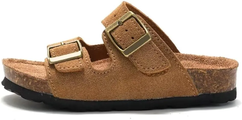 Boys Girls Summer Cork Footbed Slide Sandal, Arch Support Outdoor Suede Sandals with Adjustable Buckle for Toddler/Little Kid/Big Kid