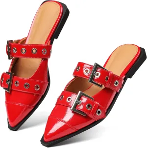 Buckle Flats for Women Pointy Toe Wide Welt Buckled Mules Low Block Heel Slippers Mary Jane Shoes Comfortable Ballerina Flats