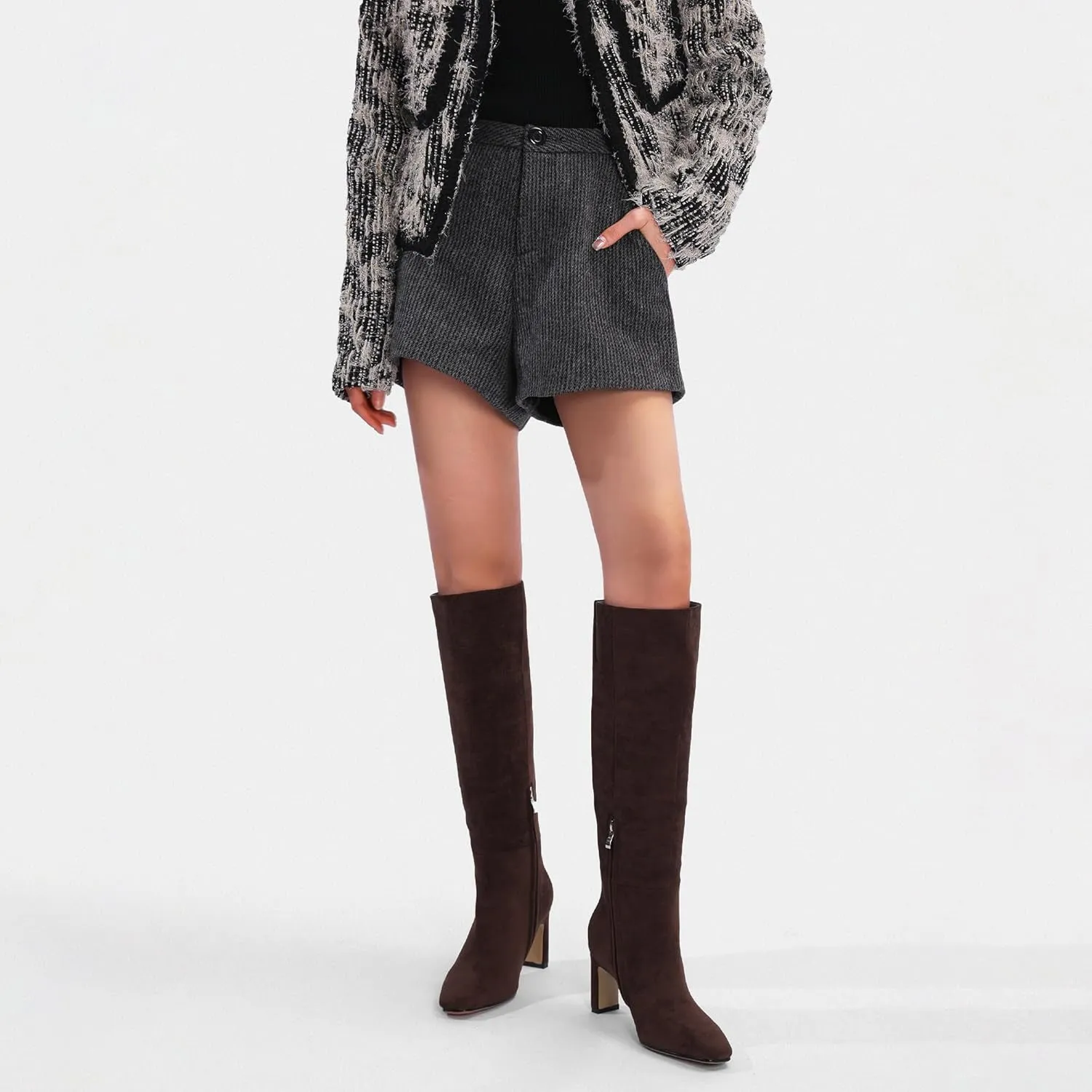 Burgundy Knee High Boots for Women Square Toe Chunky Heeled Boots Fall Dress Elastic Tall Boots with Zipper