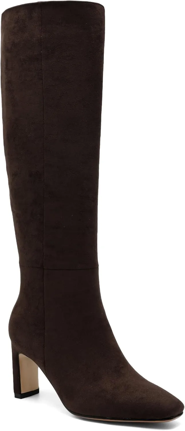 Burgundy Knee High Boots for Women Square Toe Chunky Heeled Boots Fall Dress Elastic Tall Boots with Zipper