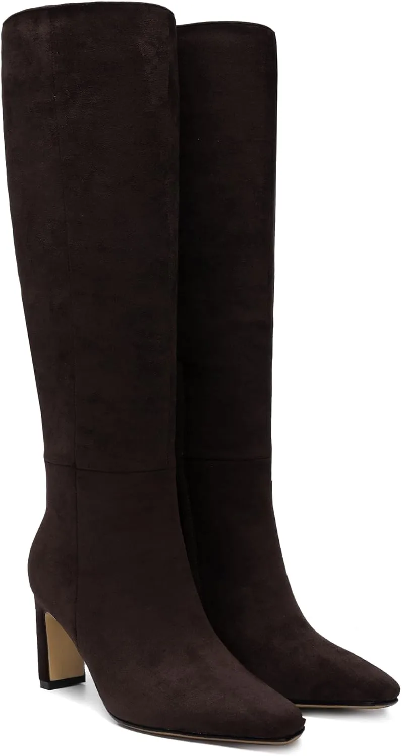 Burgundy Knee High Boots for Women Square Toe Chunky Heeled Boots Fall Dress Elastic Tall Boots with Zipper