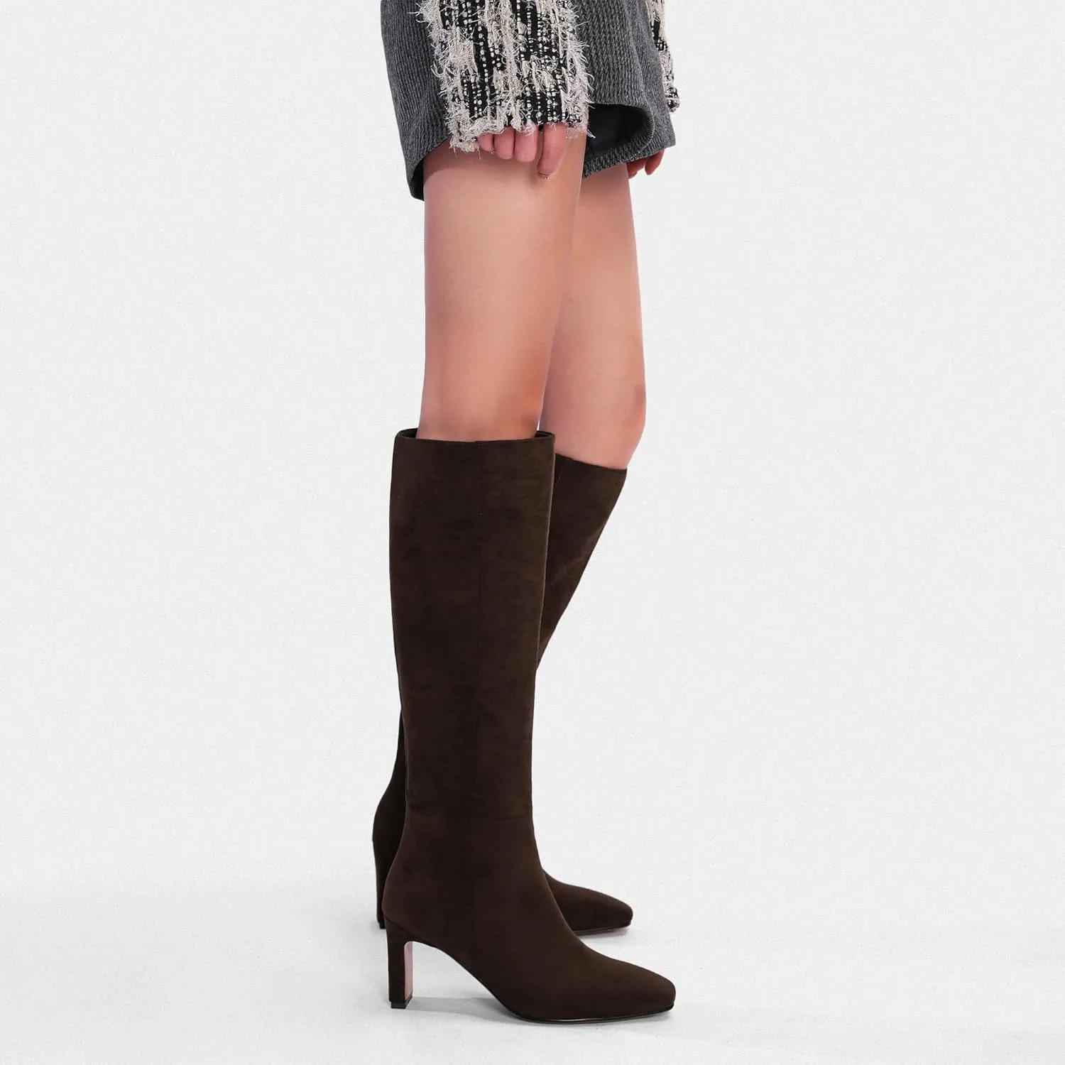 Burgundy Knee High Boots for Women Square Toe Chunky Heeled Boots Fall Dress Elastic Tall Boots with Zipper