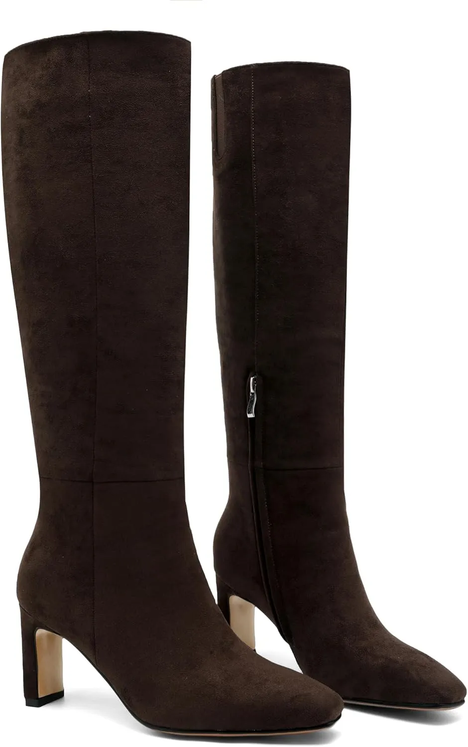 Burgundy Knee High Boots for Women Square Toe Chunky Heeled Boots Fall Dress Elastic Tall Boots with Zipper