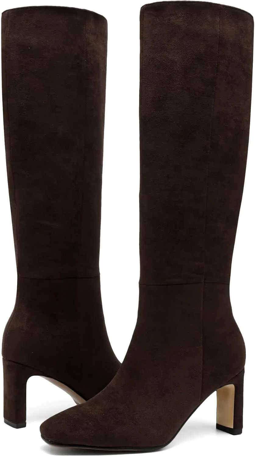 Burgundy Knee High Boots for Women Square Toe Chunky Heeled Boots Fall Dress Elastic Tall Boots with Zipper