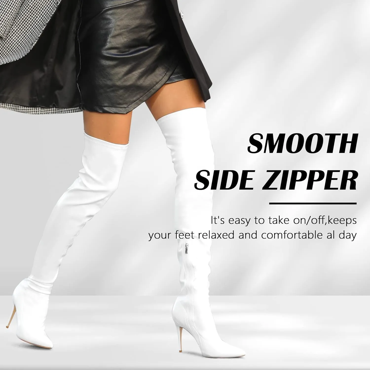 CAMSSOO Women's Thigh High Boots Faux Suede Elasticity Heels Over The Knee Boots Side Zip Pointed Toe Fashion Sexy Winter Stiletto Knee High Boots