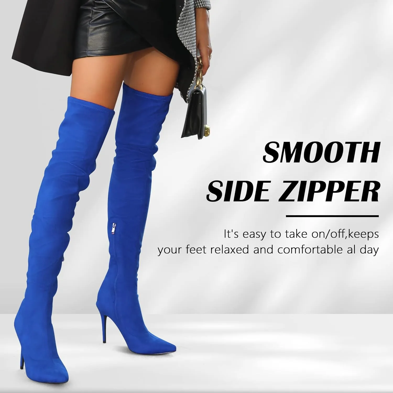 CAMSSOO Women's Thigh High Boots Faux Suede Elasticity Heels Over The Knee Boots Side Zip Pointed Toe Fashion Sexy Winter Stiletto Knee High Boots