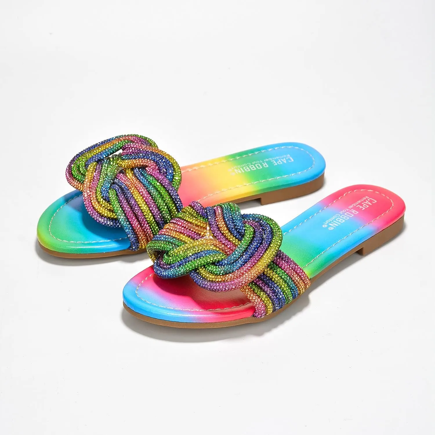 Cape Robbin Women's Open Toe Slide Sandals - Sparkly Flat Summer Dressy Sandals with Rhinestone-Embellished Knot (Jeffer)