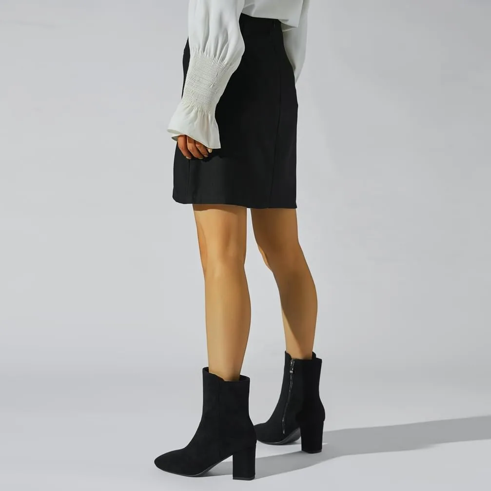 Caradise Womens High Chunky Heeled Boots Zip Up Square Toe Ankle Booties