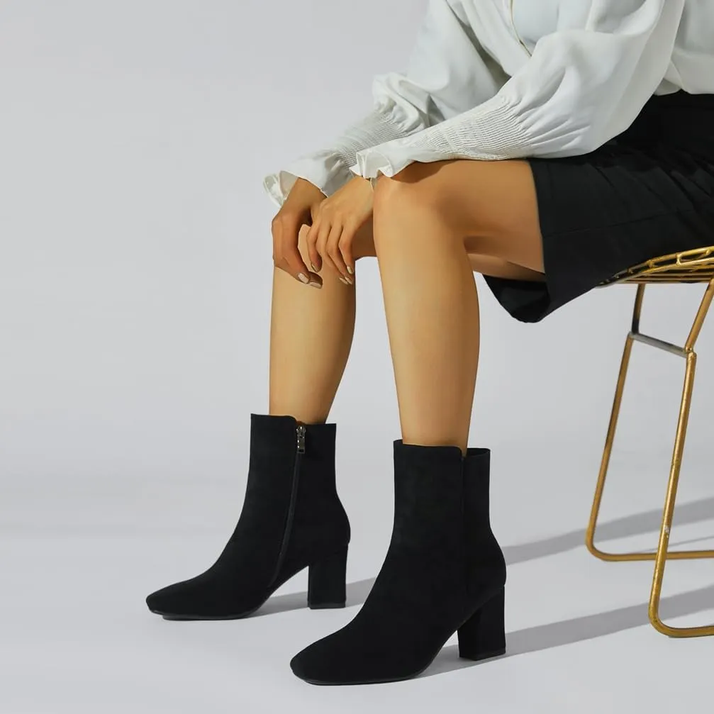 Caradise Womens High Chunky Heeled Boots Zip Up Square Toe Ankle Booties