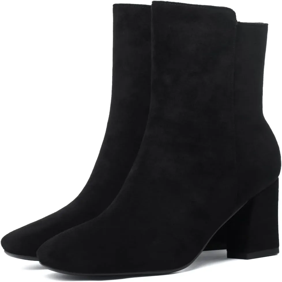 Caradise Womens High Chunky Heeled Boots Zip Up Square Toe Ankle Booties