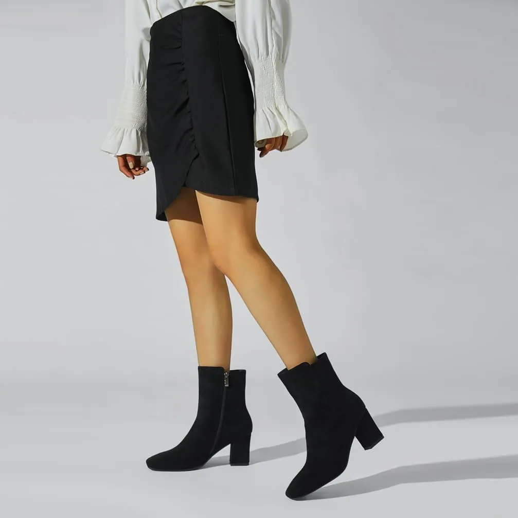 Caradise Womens High Chunky Heeled Boots Zip Up Square Toe Ankle Booties