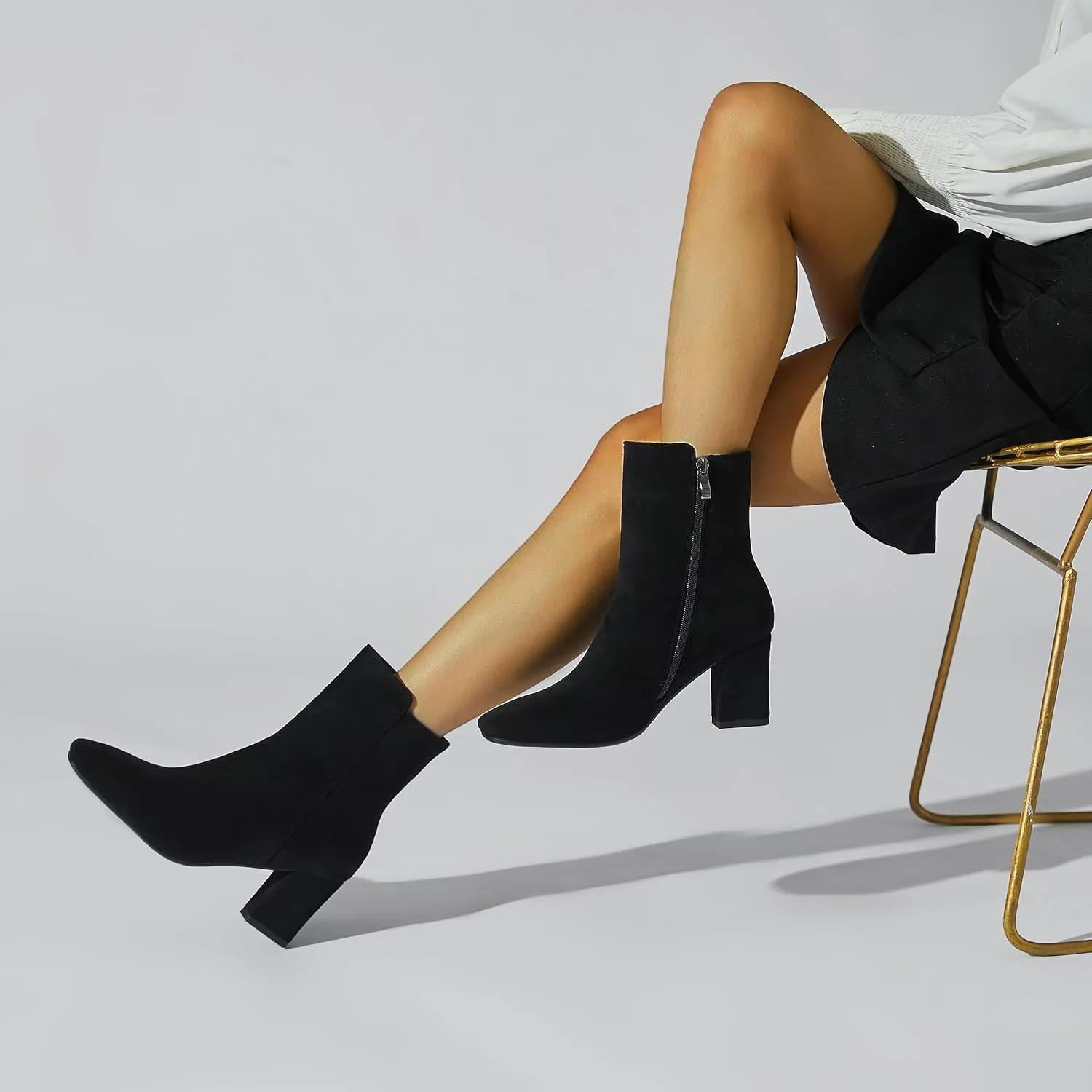 Caradise Womens High Chunky Heeled Boots Zip Up Square Toe Ankle Booties