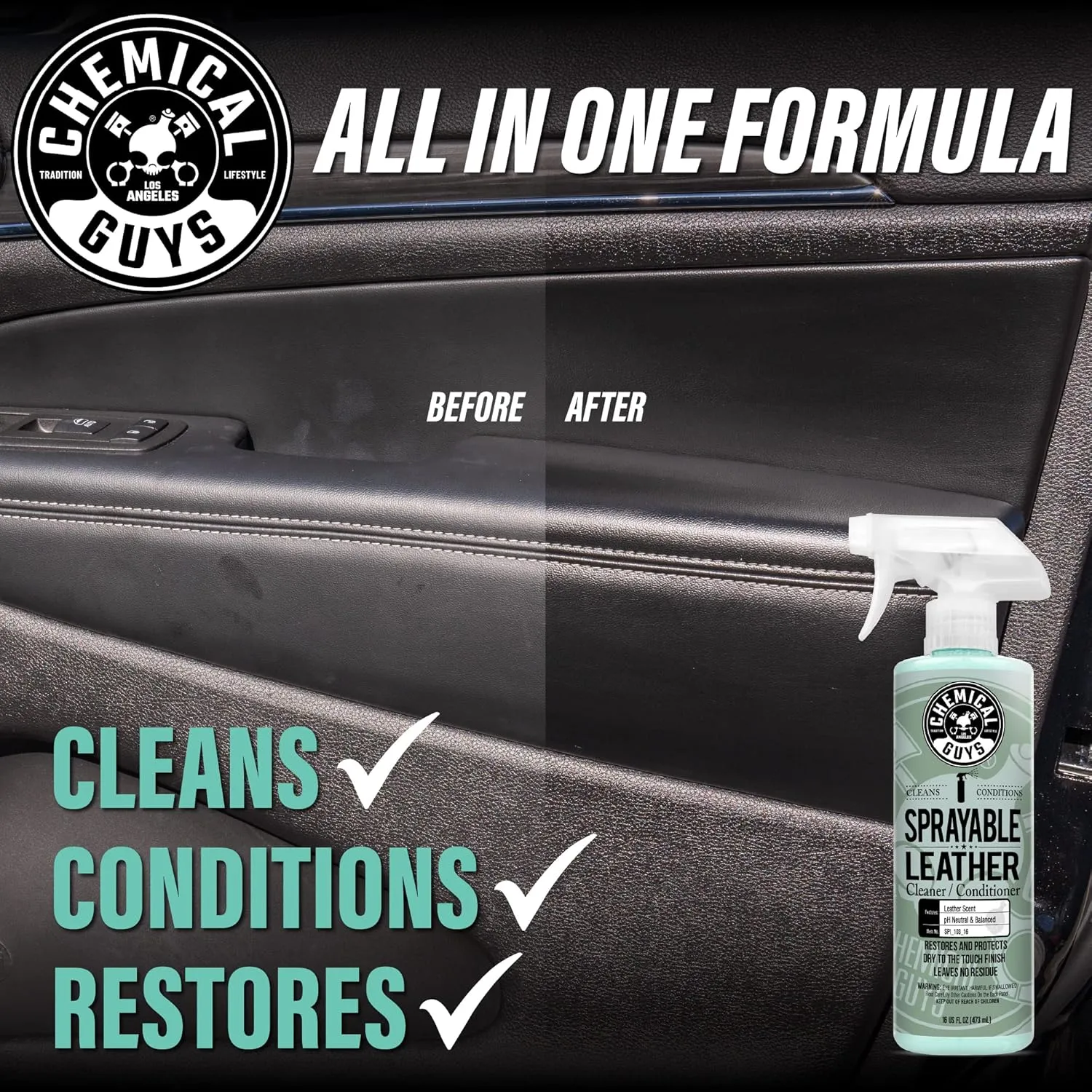 Chemical Guys SPI_103_16 Sprayable Leather Cleaner and Conditioner in One for Car Interiors, Apparel, and More (Works on Natural, Synthetic, Pleather, Faux Leather and More) Leather Scent, 16 fl oz