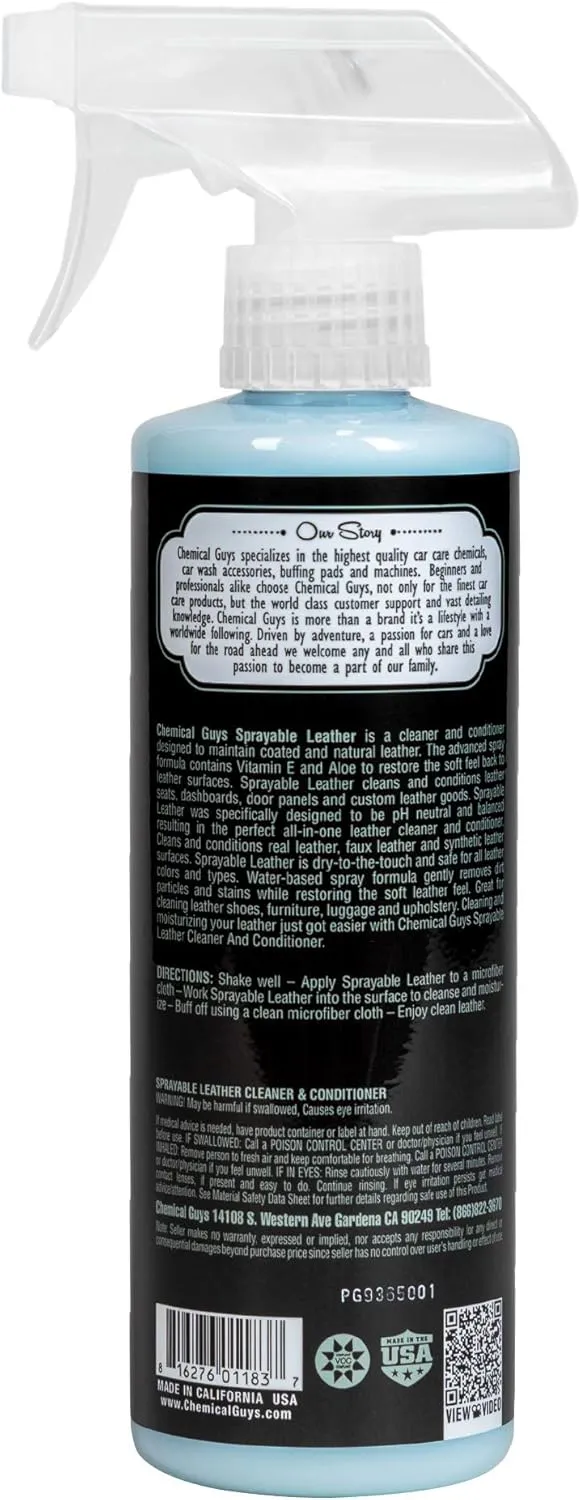Chemical Guys SPI_103_16 Sprayable Leather Cleaner and Conditioner in One for Car Interiors, Apparel, and More (Works on Natural, Synthetic, Pleather, Faux Leather and More) Leather Scent, 16 fl oz