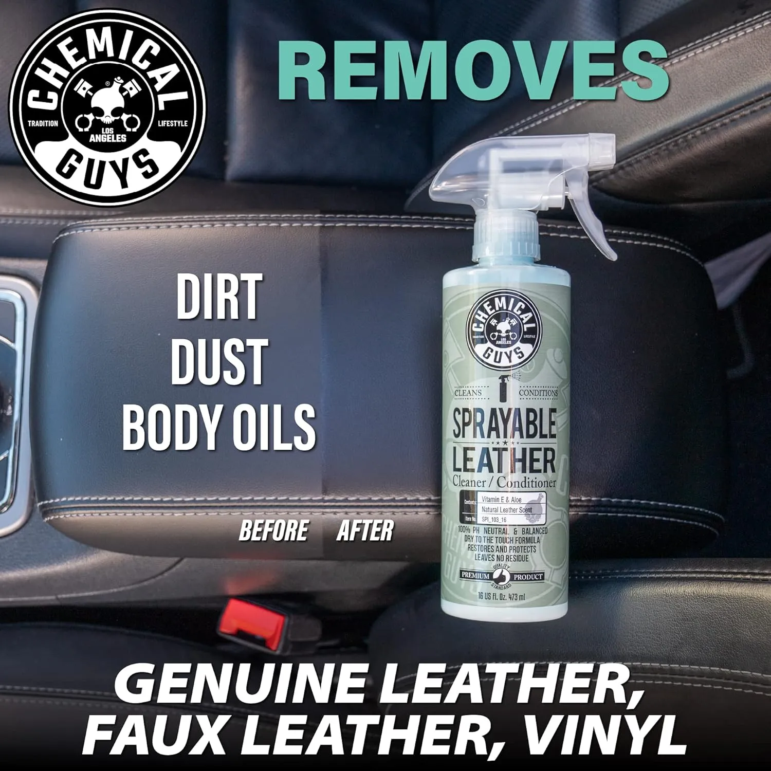 Chemical Guys SPI_103_16 Sprayable Leather Cleaner and Conditioner in One for Car Interiors, Apparel, and More (Works on Natural, Synthetic, Pleather, Faux Leather and More) Leather Scent, 16 fl oz