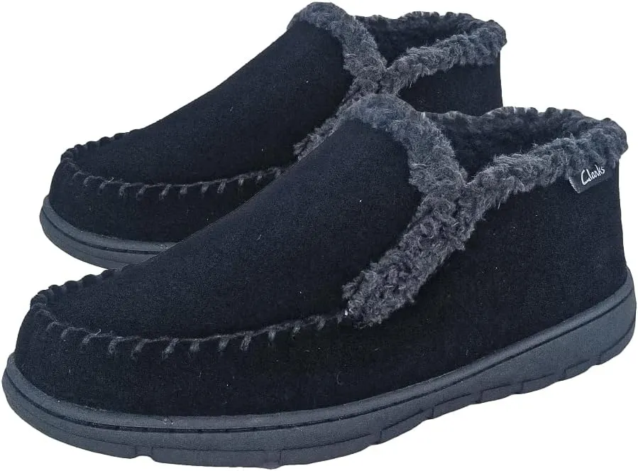 Clarks Men's Suede Leather Sherpa Lined Ankle Bootie Slippers, JMH1952- Indoor/Outdoor Slip-Ons - Comfy & Durable Ankle Boots with Plush Lining Padded Insole & Gripped Rubber Outsoles (7 M US, Black)
