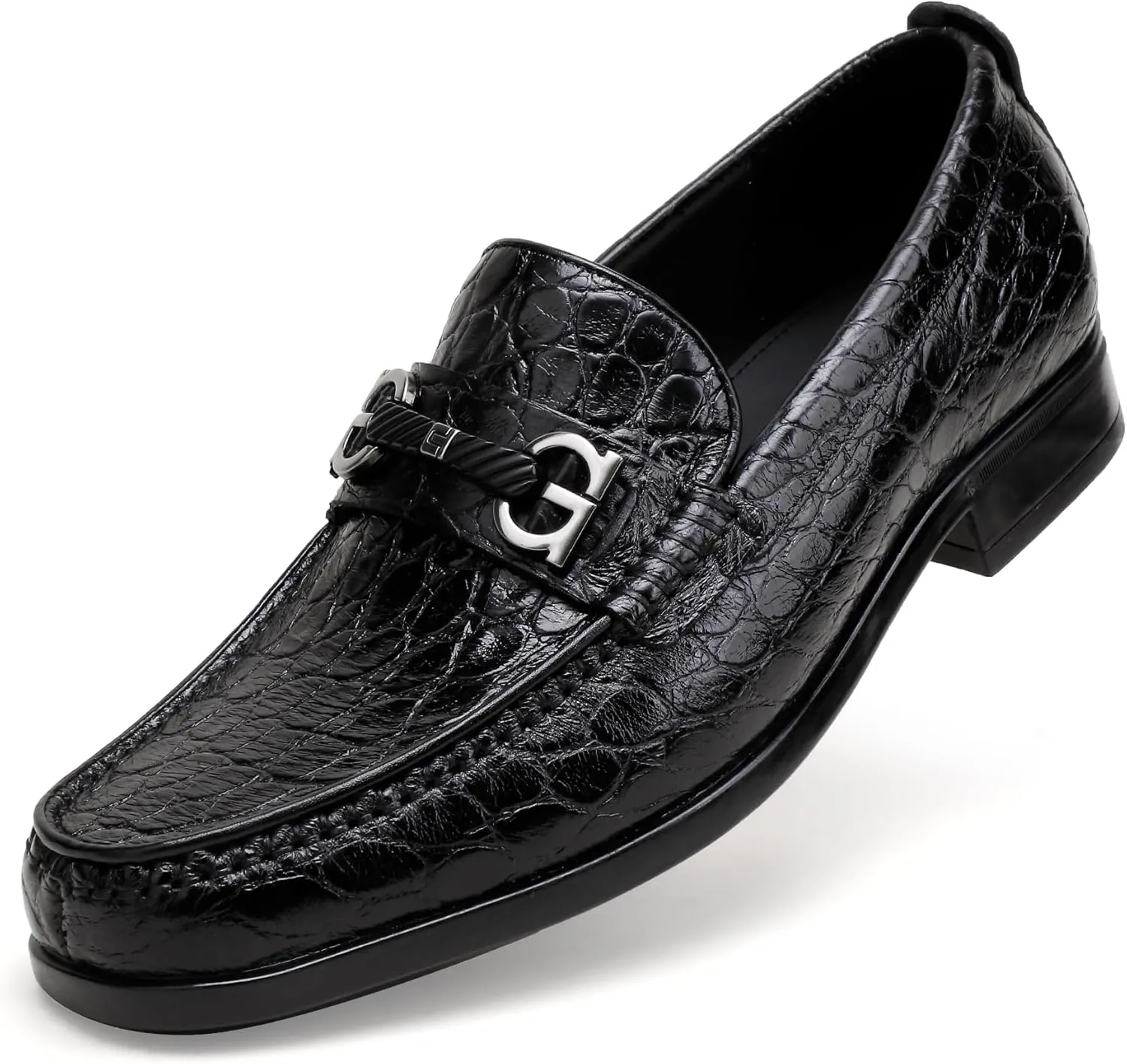 Classic Mens Leather Dress Shoes, Premium Fashion Alligator Printed Business Dress Shoes Moc-Toe Buckle Wedding Party Loafers for Men