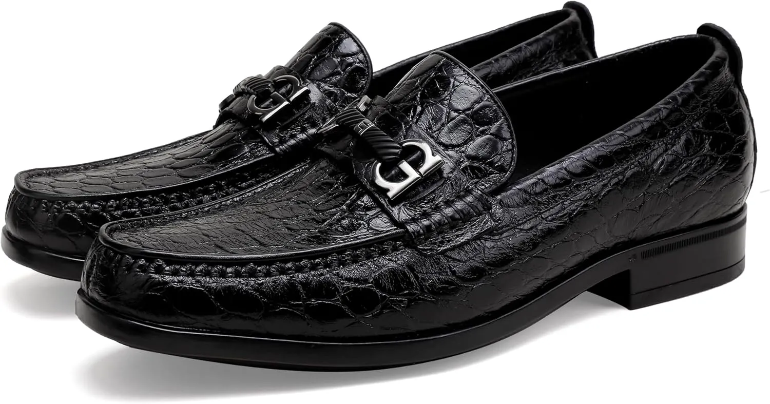 Classic Mens Leather Dress Shoes, Premium Fashion Alligator Printed Business Dress Shoes Moc-Toe Buckle Wedding Party Loafers for Men
