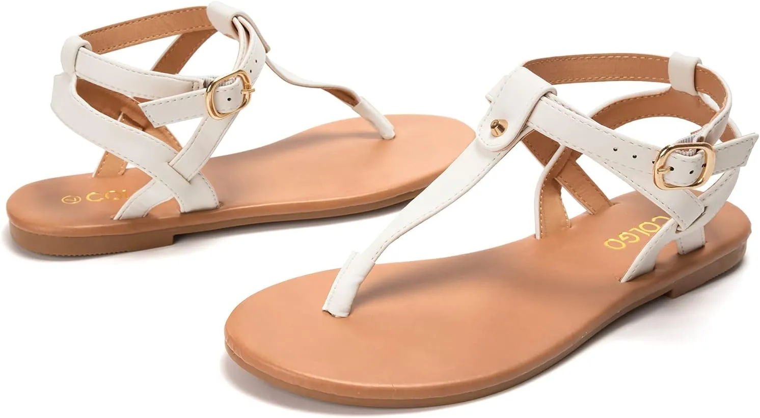 Colgo Thong Flat Sandals, Casual Women T-Strap Dress Sandals with Adjustable Ankle Buckle for Summer Wedding