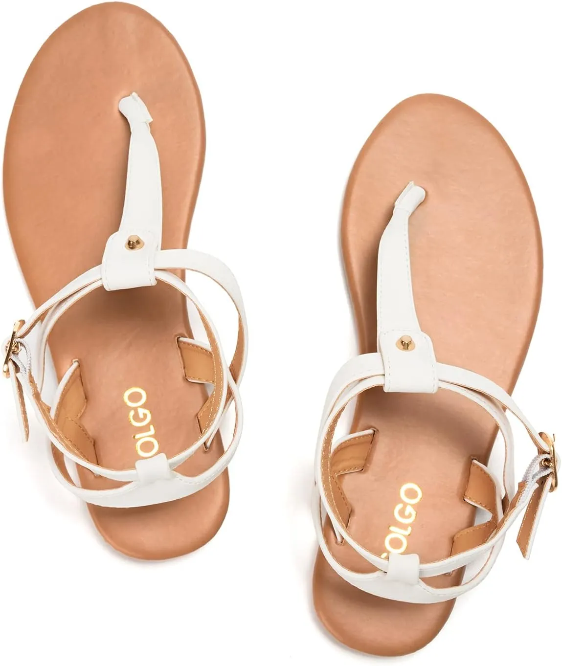 Colgo Thong Flat Sandals, Casual Women T-Strap Dress Sandals with Adjustable Ankle Buckle for Summer Wedding
