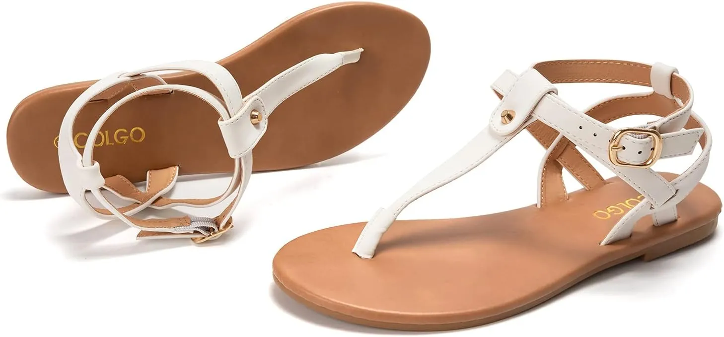 Colgo Thong Flat Sandals, Casual Women T-Strap Dress Sandals with Adjustable Ankle Buckle for Summer Wedding
