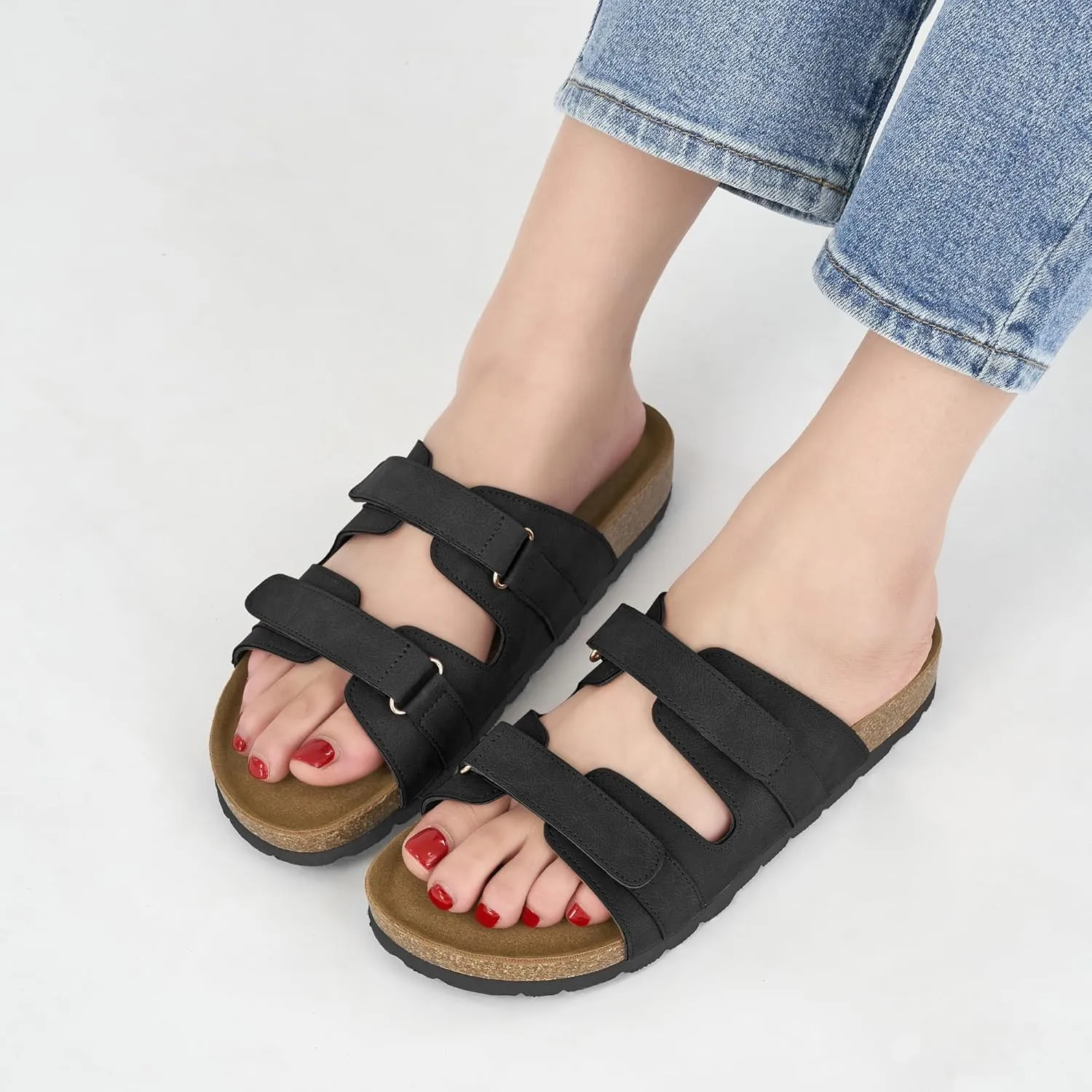 Cork Footbed Sandals for Women: Comfortable Arch Support Slides for Beach Walking Summer Vacation