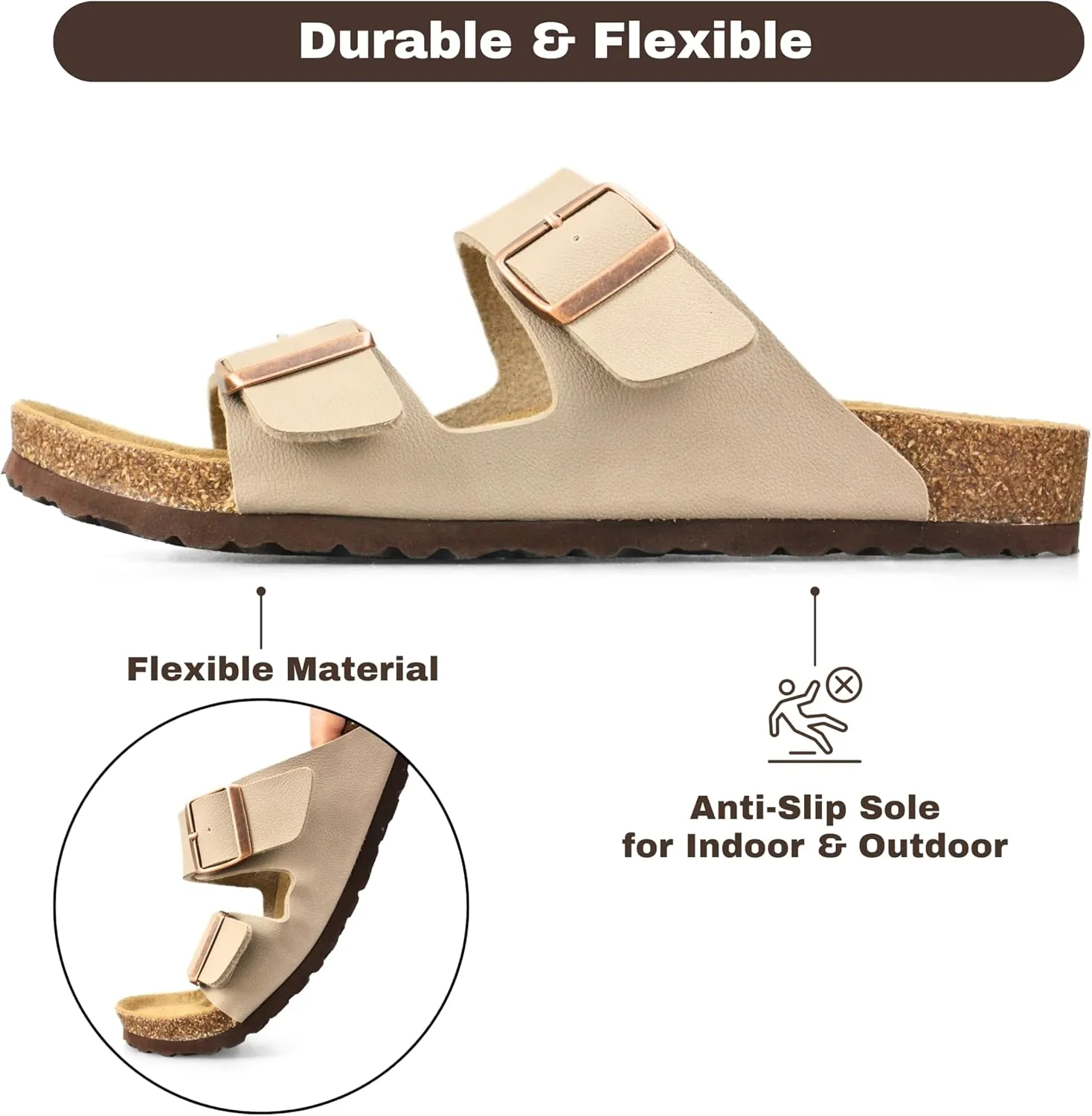 Cork Footbed Slide Sandals for Women, Arch Support Adjustable Buckle Cushioned Sandals, Comfy Summer Essentials