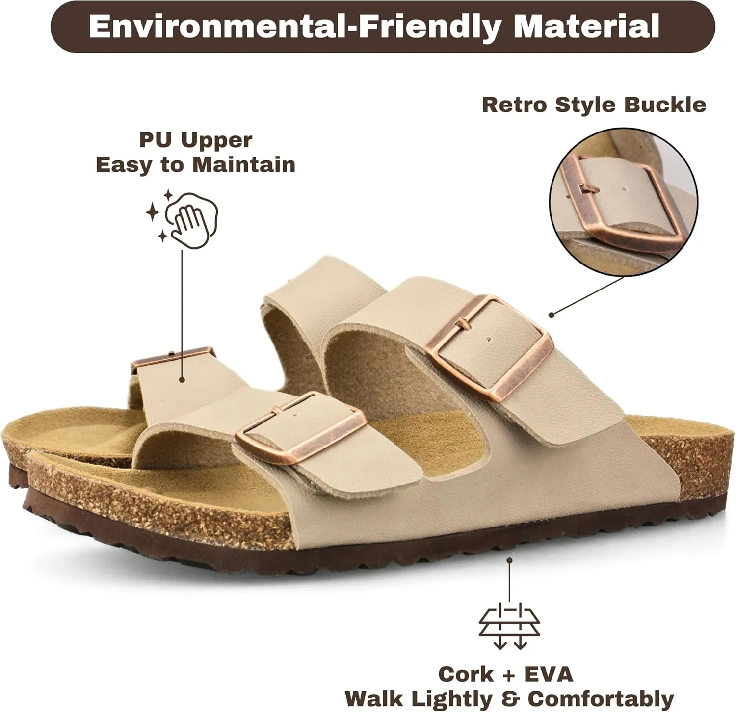 Cork Footbed Slide Sandals for Women, Arch Support Adjustable Buckle Cushioned Sandals, Comfy Summer Essentials