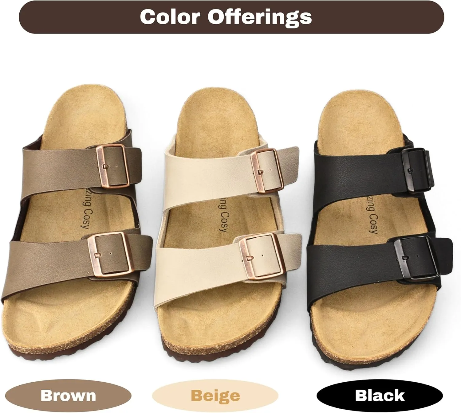 Cork Footbed Slide Sandals for Women, Arch Support Adjustable Buckle Cushioned Sandals, Comfy Summer Essentials