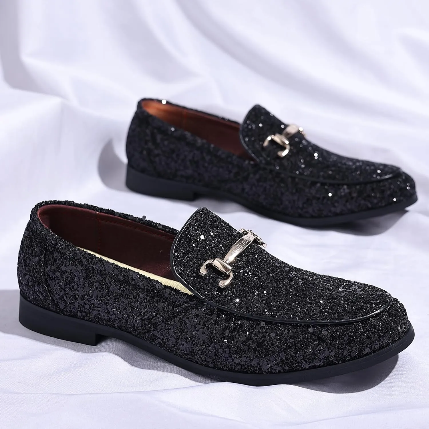 COSIDRAM Men's Glitter Dress Shoes Metallic Sequins Tuxedo Luxury Gold Buckle Loafers Slip-on Wedding Party Shoes