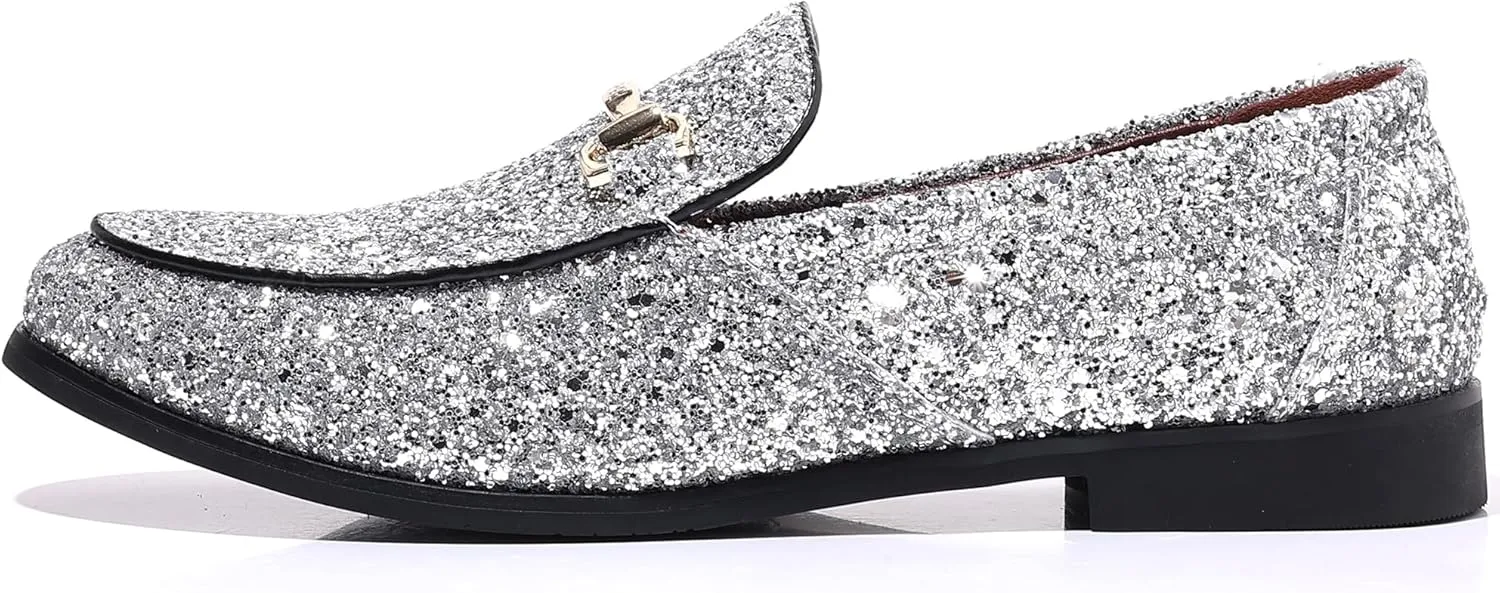COSIDRAM Men's Glitter Dress Shoes Metallic Sequins Tuxedo Luxury Gold Buckle Loafers Slip-on Wedding Party Shoes