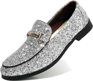 COSIDRAM Men's Glitter Dress Shoes Metallic Sequins Tuxedo Luxury Gold Buckle Loafers Slip-on Wedding Party Shoes