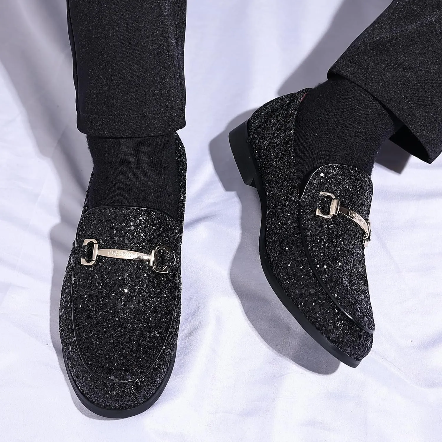 COSIDRAM Men's Glitter Dress Shoes Metallic Sequins Tuxedo Luxury Gold Buckle Loafers Slip-on Wedding Party Shoes