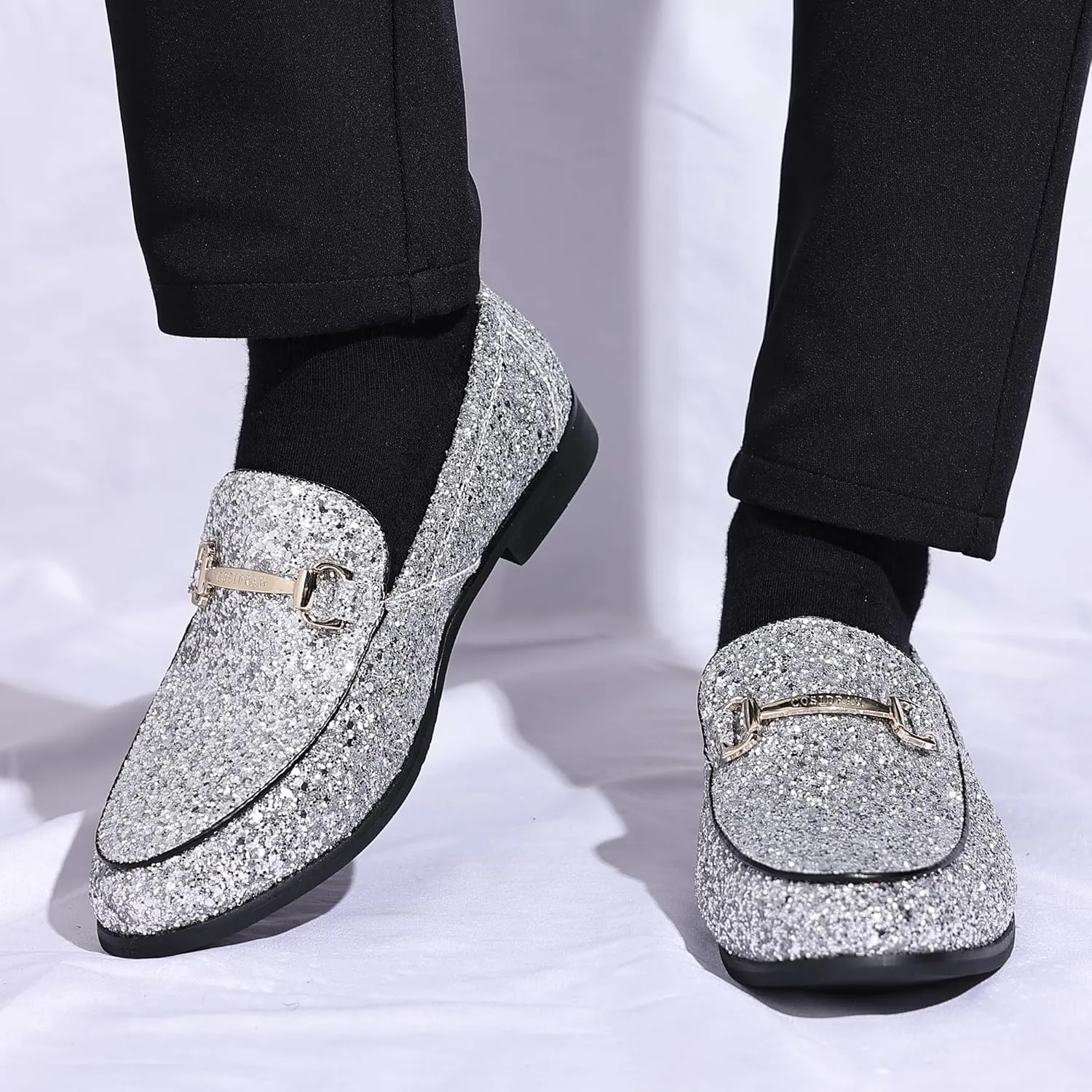 COSIDRAM Men's Glitter Dress Shoes Metallic Sequins Tuxedo Luxury Gold Buckle Loafers Slip-on Wedding Party Shoes