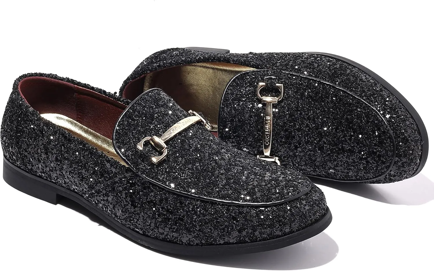 COSIDRAM Men's Glitter Dress Shoes Metallic Sequins Tuxedo Luxury Gold Buckle Loafers Slip-on Wedding Party Shoes