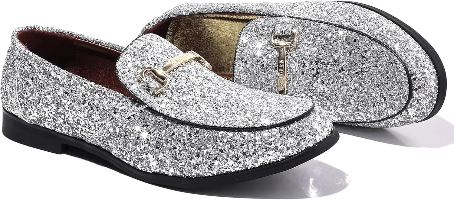COSIDRAM Men's Glitter Dress Shoes Metallic Sequins Tuxedo Luxury Gold Buckle Loafers Slip-on Wedding Party Shoes