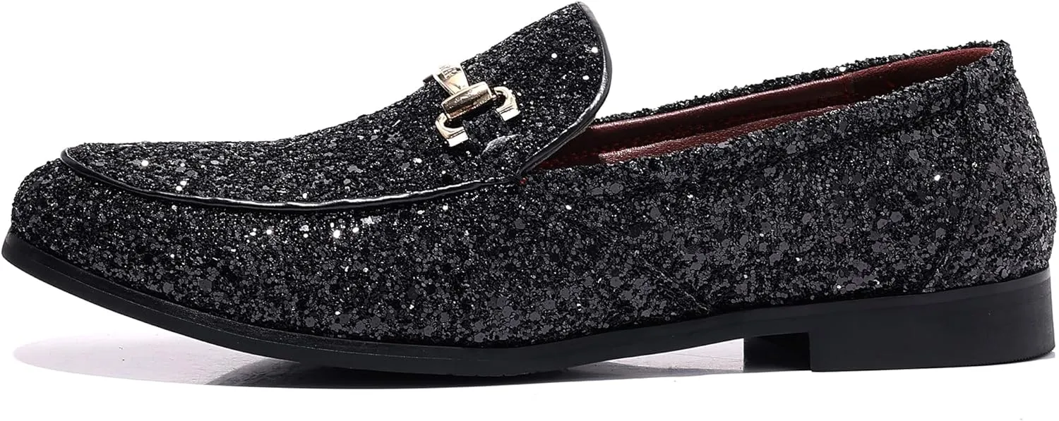 COSIDRAM Men's Glitter Dress Shoes Metallic Sequins Tuxedo Luxury Gold Buckle Loafers Slip-on Wedding Party Shoes