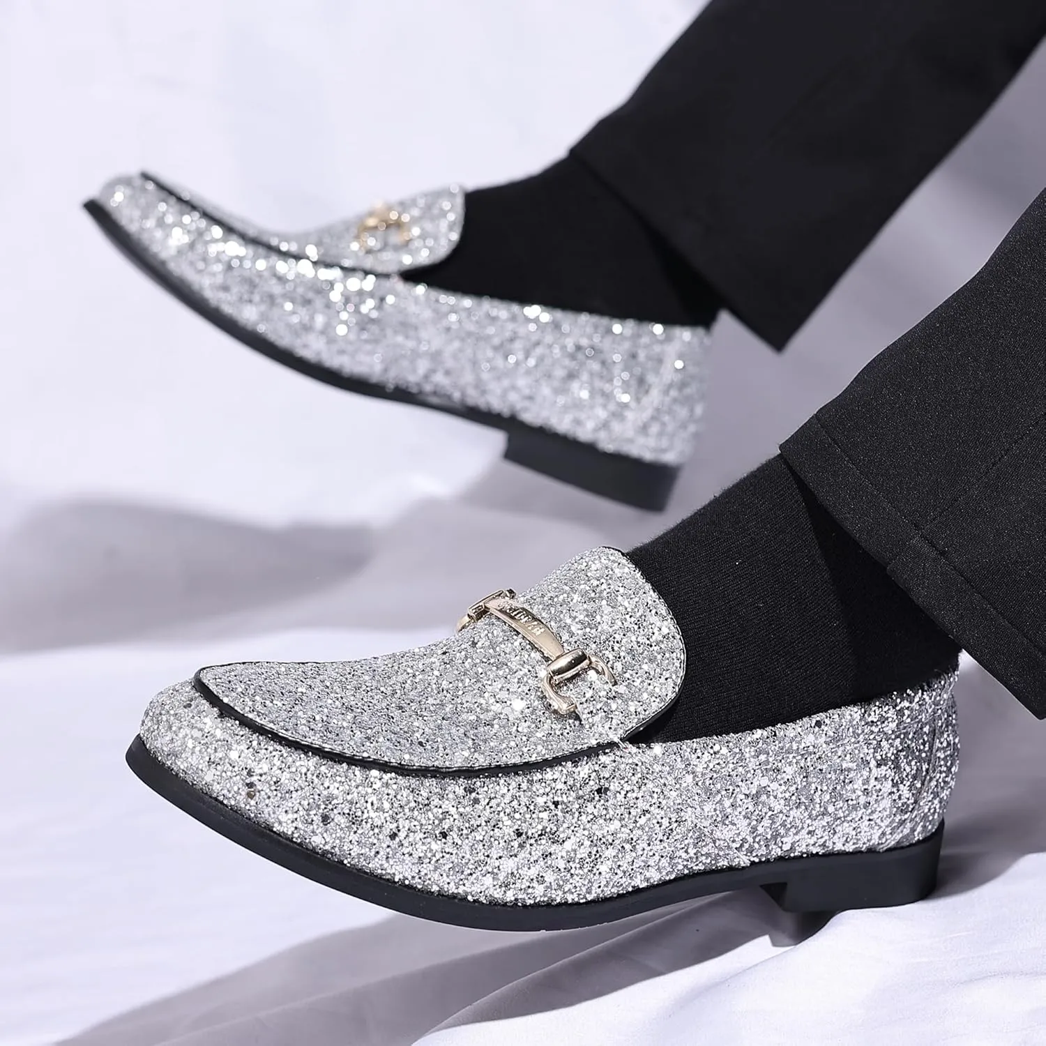 COSIDRAM Men's Glitter Dress Shoes Metallic Sequins Tuxedo Luxury Gold Buckle Loafers Slip-on Wedding Party Shoes