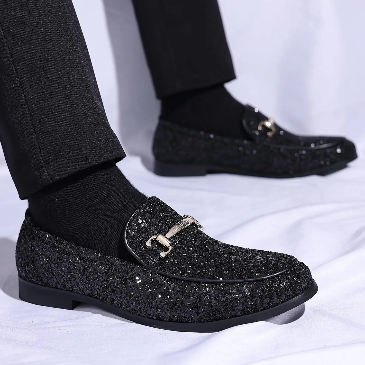 COSIDRAM Men's Glitter Dress Shoes Metallic Sequins Tuxedo Luxury Gold Buckle Loafers Slip-on Wedding Party Shoes