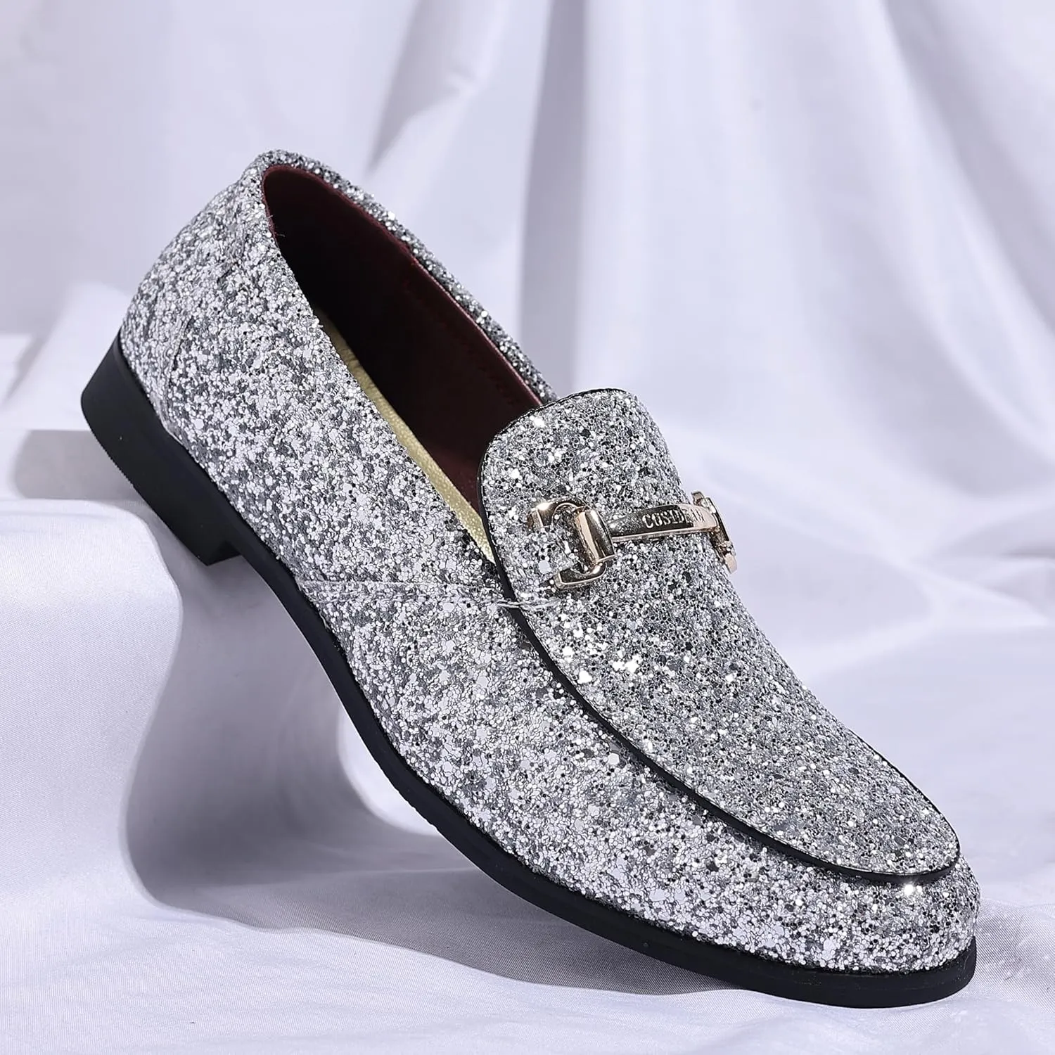 COSIDRAM Men's Glitter Dress Shoes Metallic Sequins Tuxedo Luxury Gold Buckle Loafers Slip-on Wedding Party Shoes