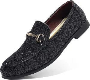 COSIDRAM Men's Glitter Dress Shoes Metallic Sequins Tuxedo Luxury Gold Buckle Loafers Slip-on Wedding Party Shoes