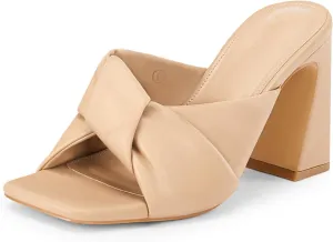 Coutgo Womens Chunky Heeled Mules Puffy Knot Square Open Toe Slip On Sandals Summer Evening Party Prom Shoes