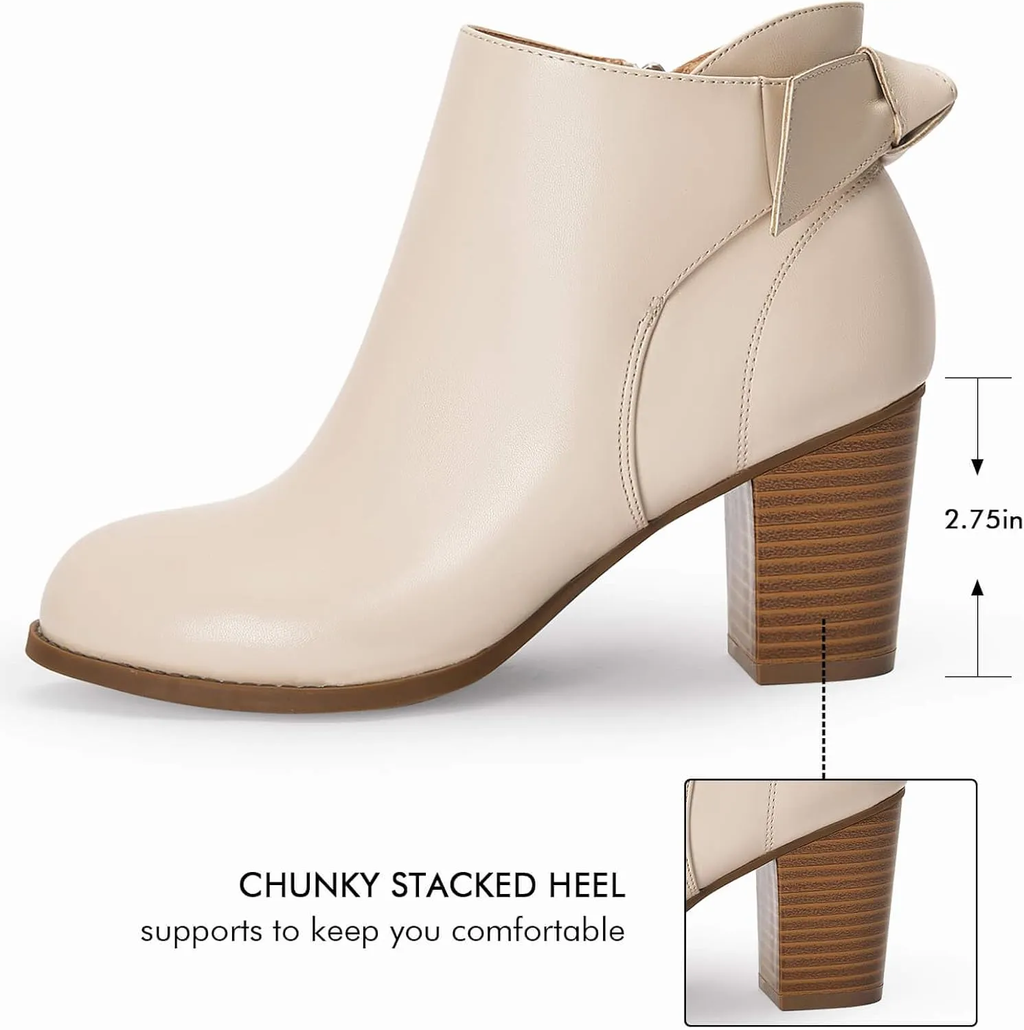 Coutgo Women's Fall Ankle Boots Shoes Chunky Block Stacked Heel Bow Tie Pointed Toe Dress Booties Side Zipper