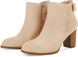 Coutgo Women's Fall Ankle Boots Shoes Chunky Block Stacked Heel Bow Tie Pointed Toe Dress Booties Side Zipper