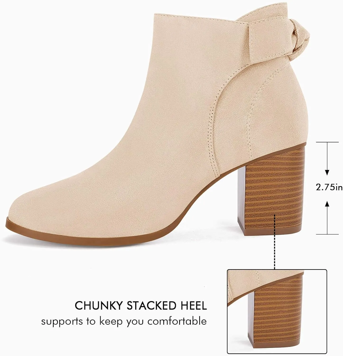 Coutgo Women's Fall Ankle Boots Shoes Chunky Block Stacked Heel Bow Tie Pointed Toe Dress Booties Side Zipper